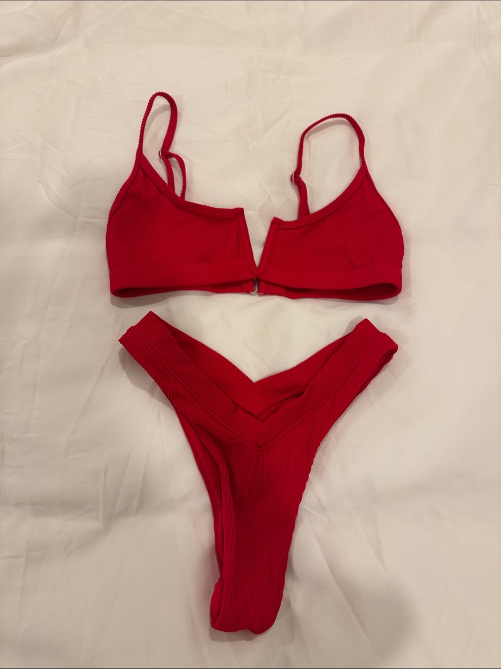 Red Ribbed V-Front Bikini Set - Women's Swim